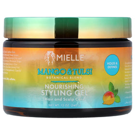 Mielle Organics front label showing Mango & Tulsi benefits and styling use