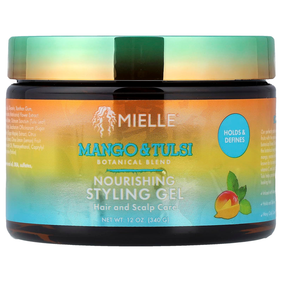 Mielle Organics front label showing Mango & Tulsi benefits and styling use