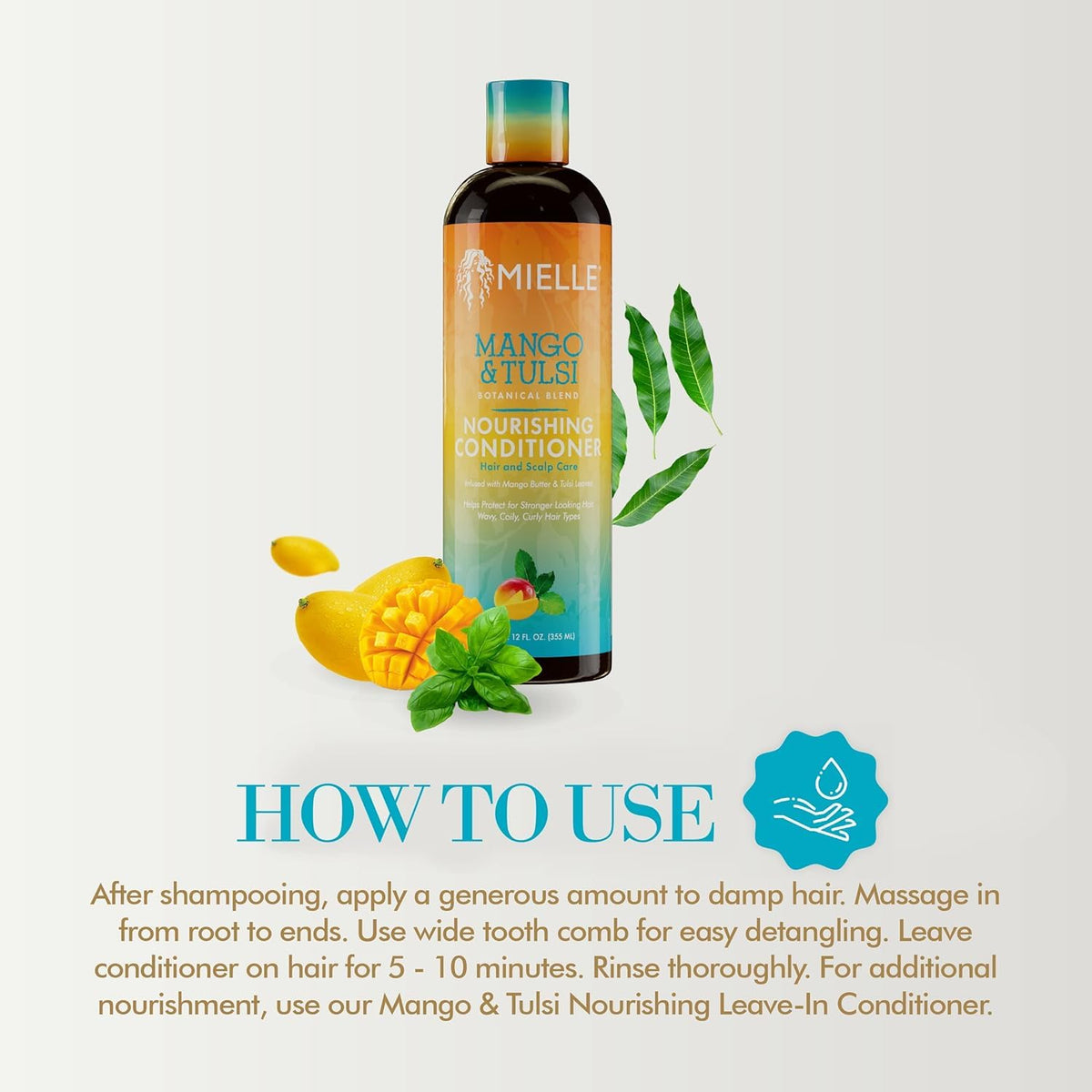 Mielle Organics mango and tulsi ingredients on surface highlighting natural extracts