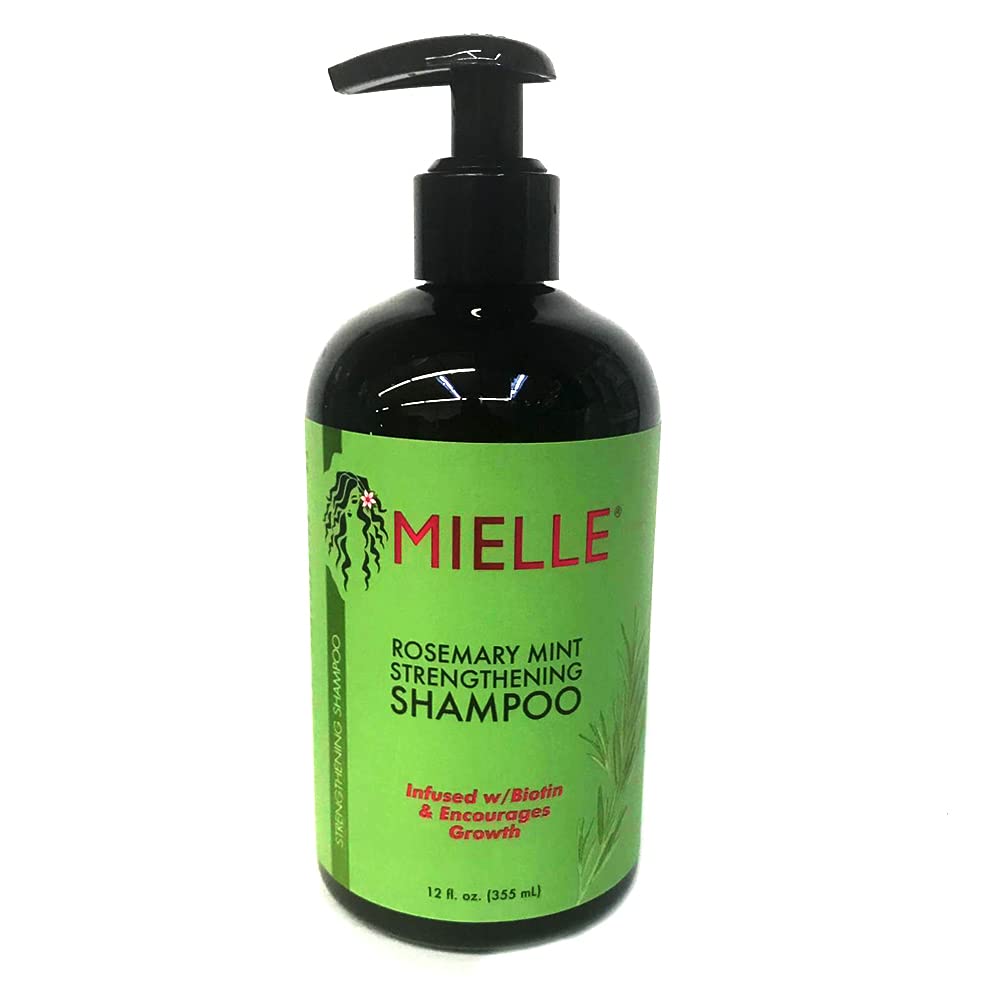 Mielle Organics shampoo pump close-up highlighting rosemary mint scent and easy dispensing benefit