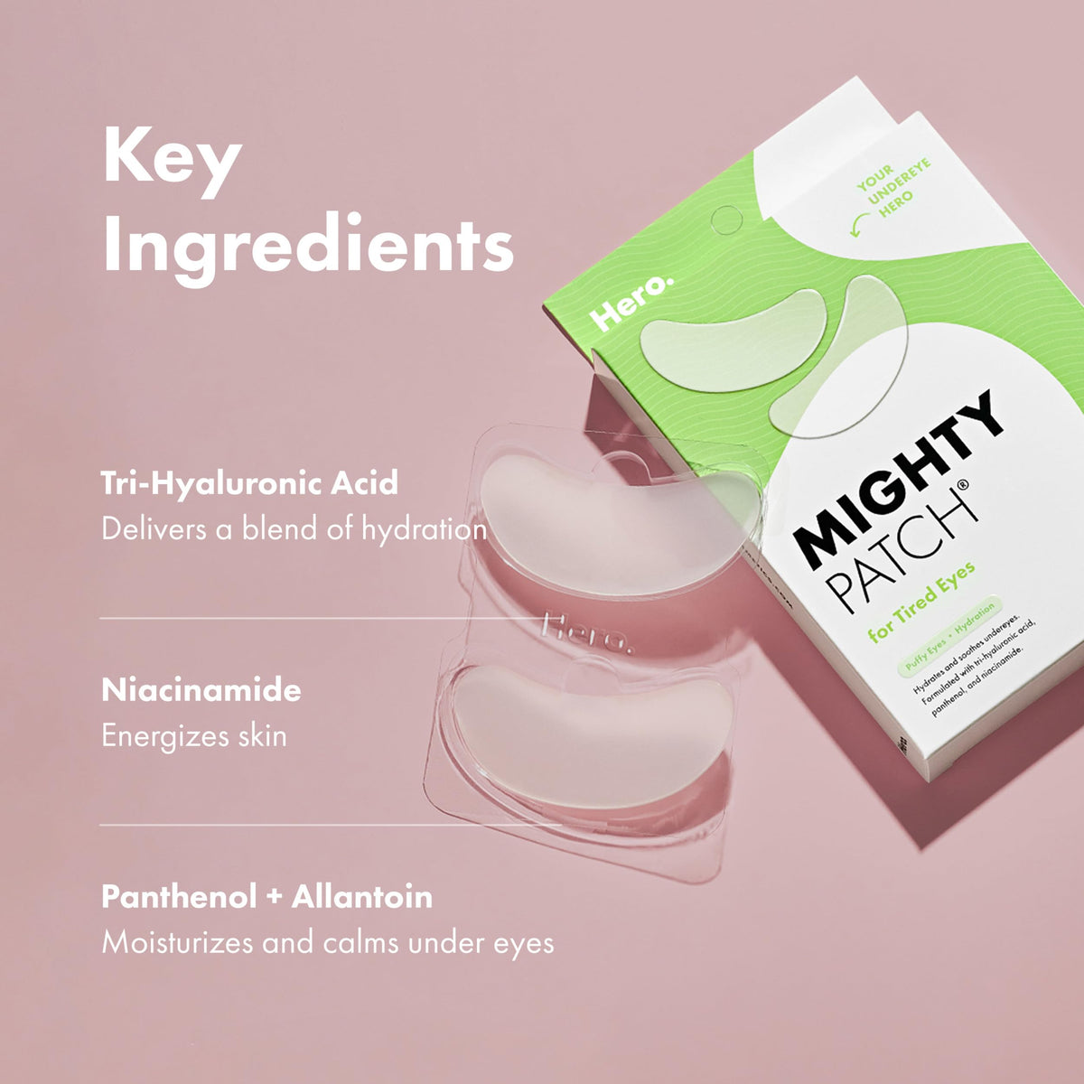 Mighty Patch worn on model under-eye illustrating de-puffing effect