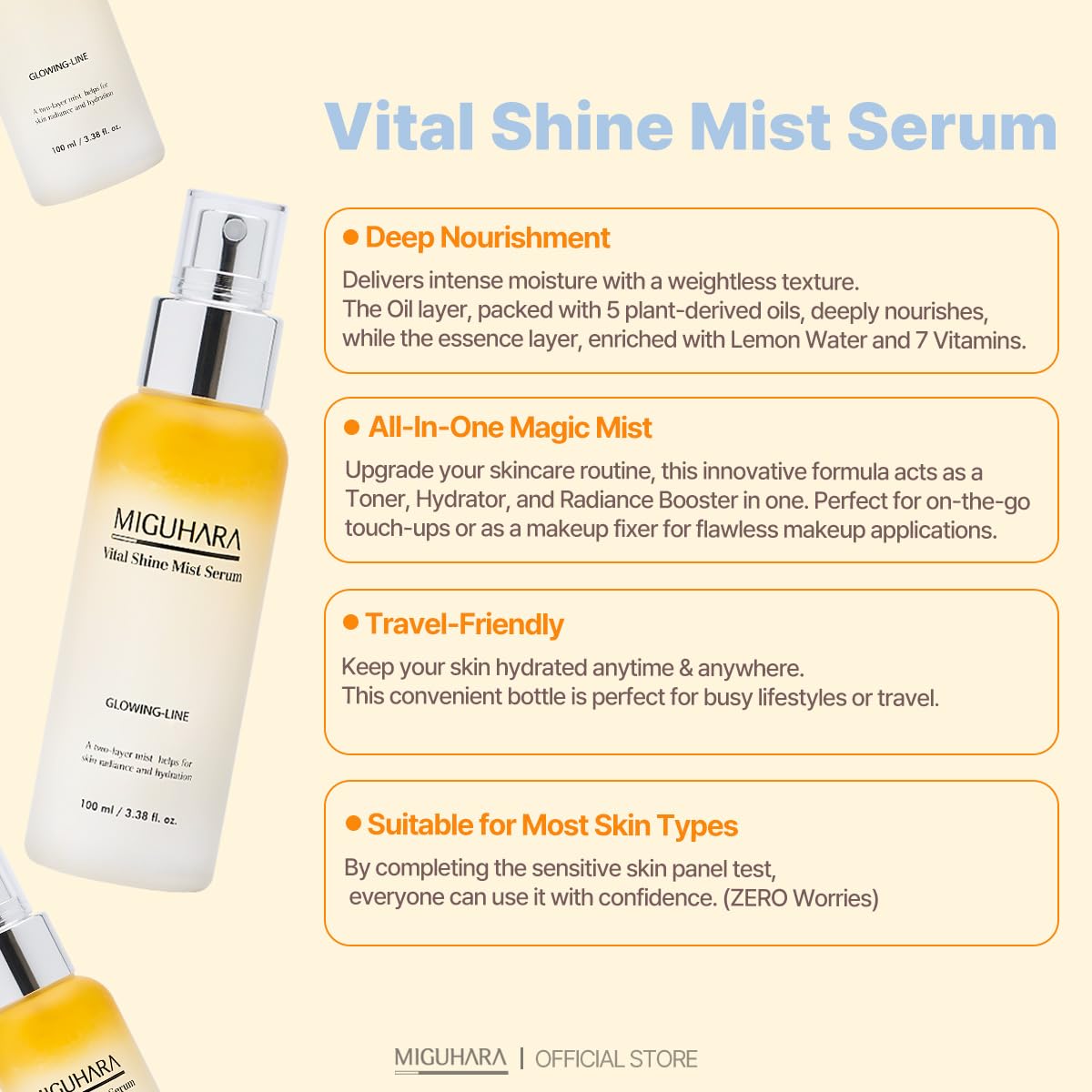 MIGUHARA mist droplet on skin showing fast absorption and hydrated finish