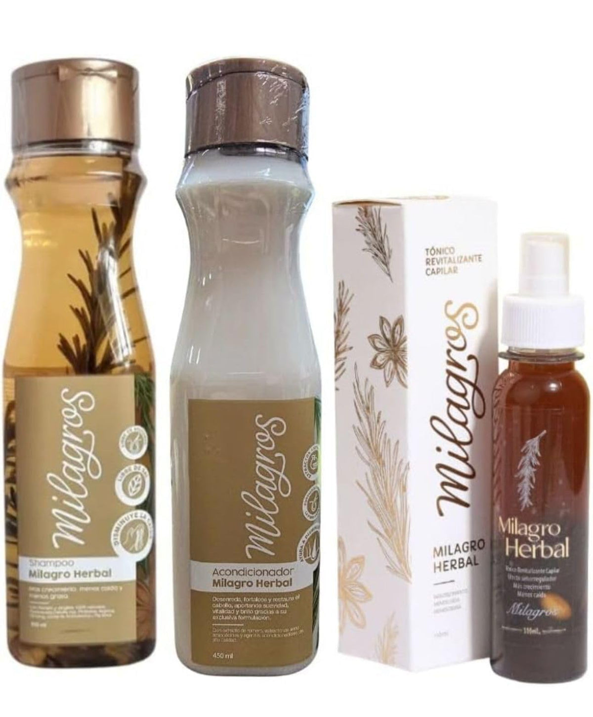 Generic Milagro front packaging showing three bottles and clear benefits