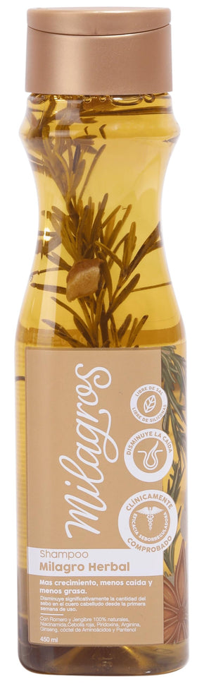 MILAGROS front packaging showing rosemary shampoo and natural benefits
