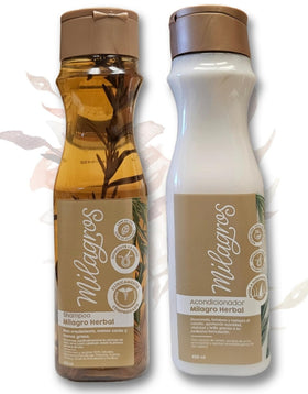 Milagros front packaging showing both shampoo and conditioner, clarifies product benefits