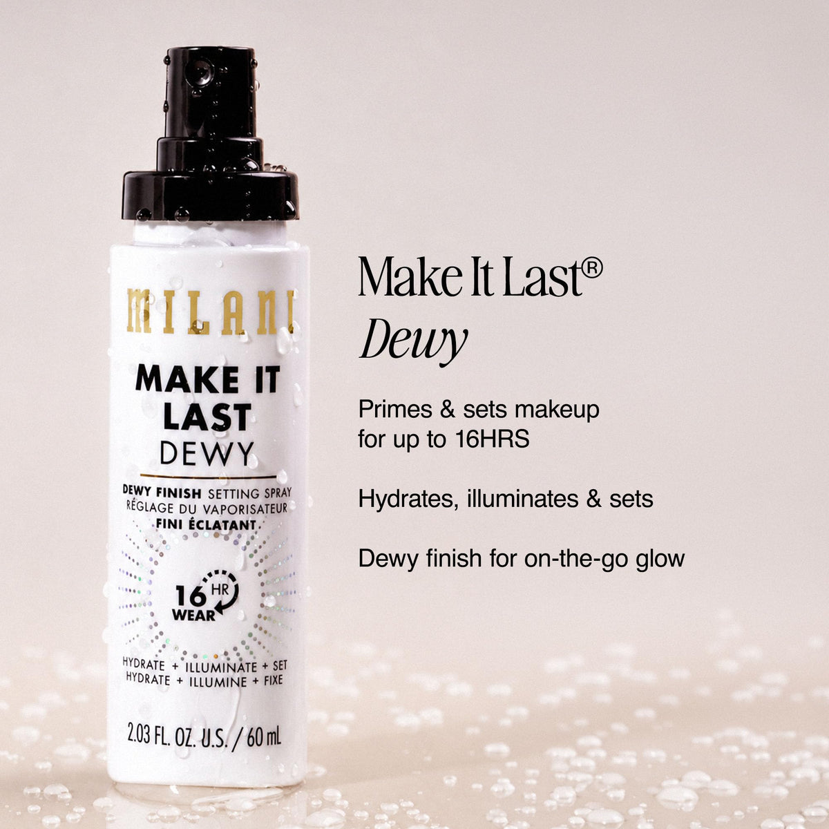Milani close-up nozzle demonstrating fine mist for even application