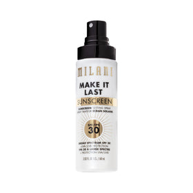 Milani front packaging Make It Last spray showing SPF 30 and protection benefits
