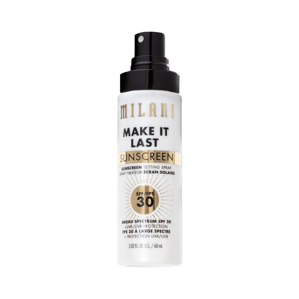 Milani front packaging Make It Last spray showing SPF 30 and protection benefits