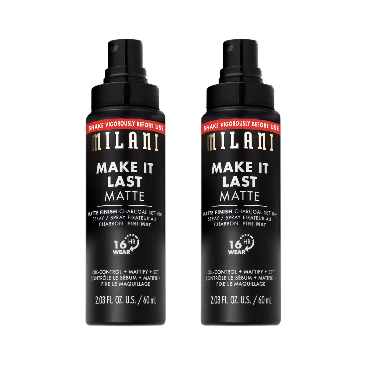 Milani front packaging showing matte setting spray and clear benefit of long wear