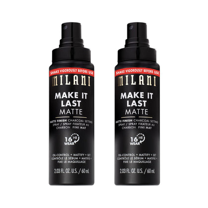 Milani front packaging showing matte setting spray and clear benefit of long wear