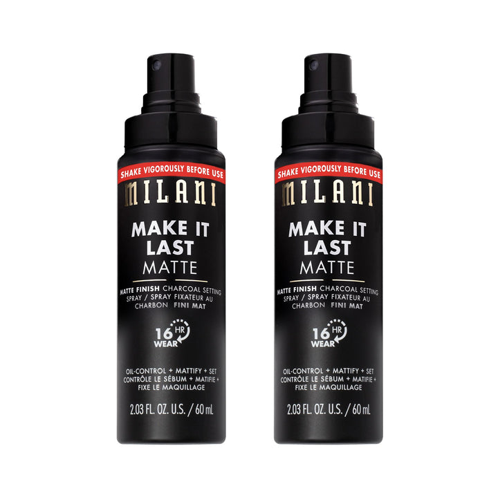 Milani front packaging showing matte setting spray and clear benefit of long wear
