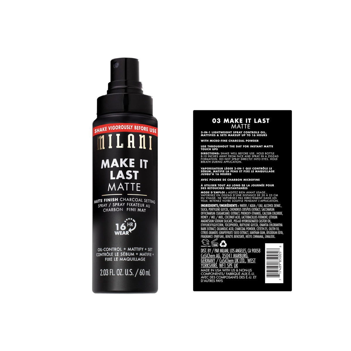 Milani label close-up highlighting ingredients and oil-control benefits