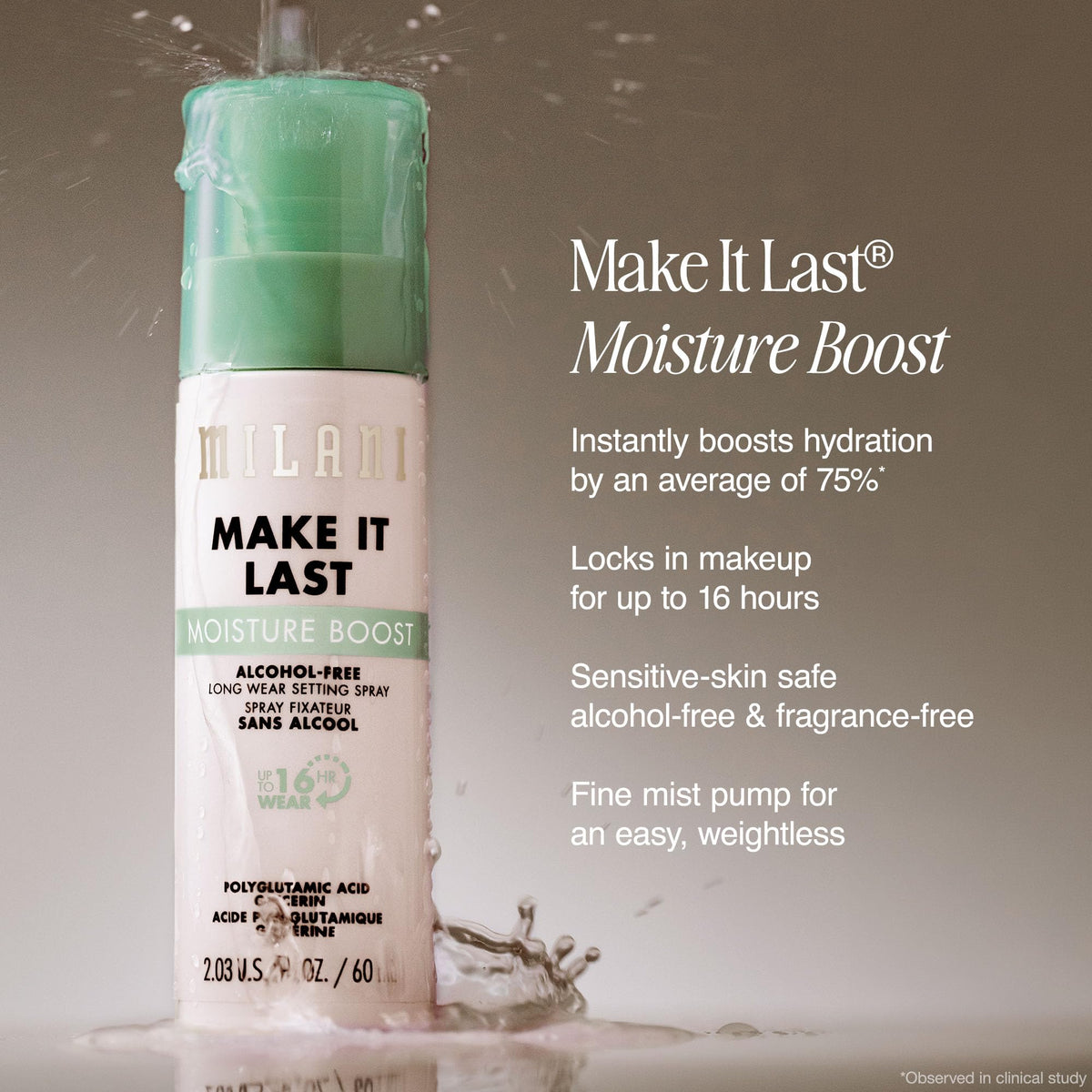 Milani label closeup highlighting key ingredients and gentle formulation