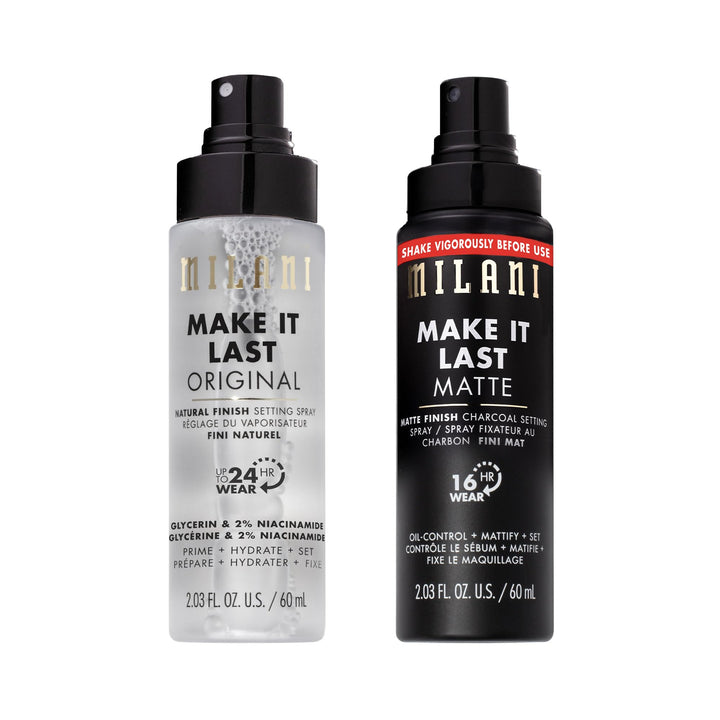 Milani front packaging showing both Make It Last sprays and benefits