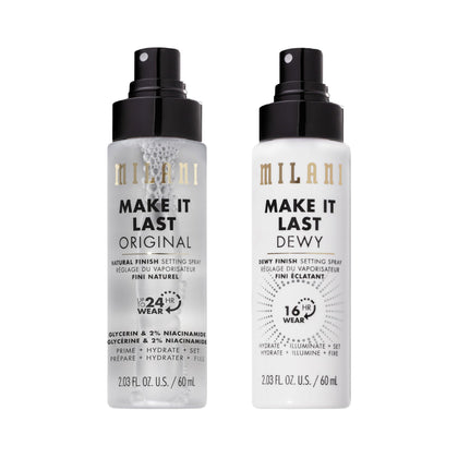 Milani front view of both bottles showing dual finishes and benefits