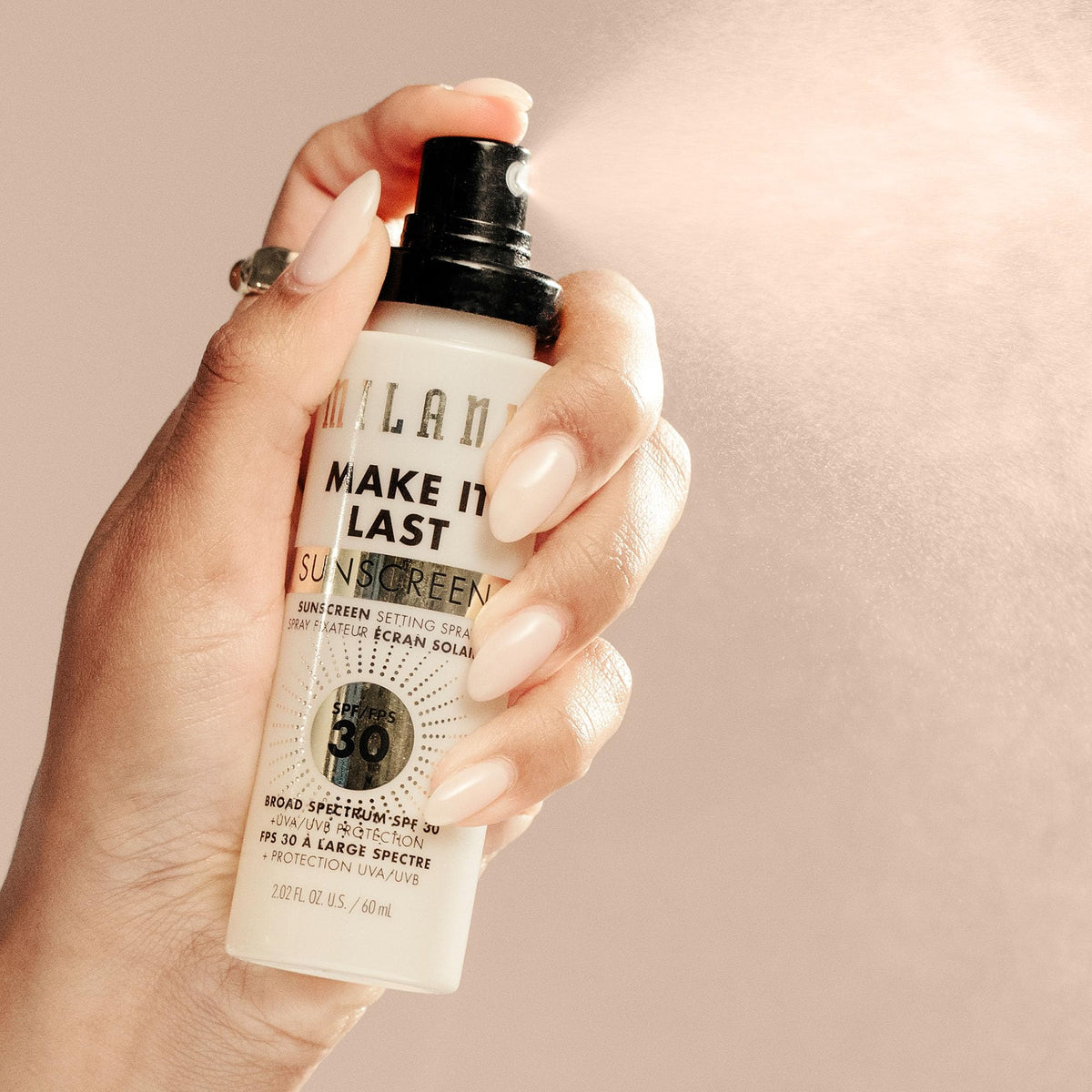Before and after makeup set with Milani spray showing improved longevity