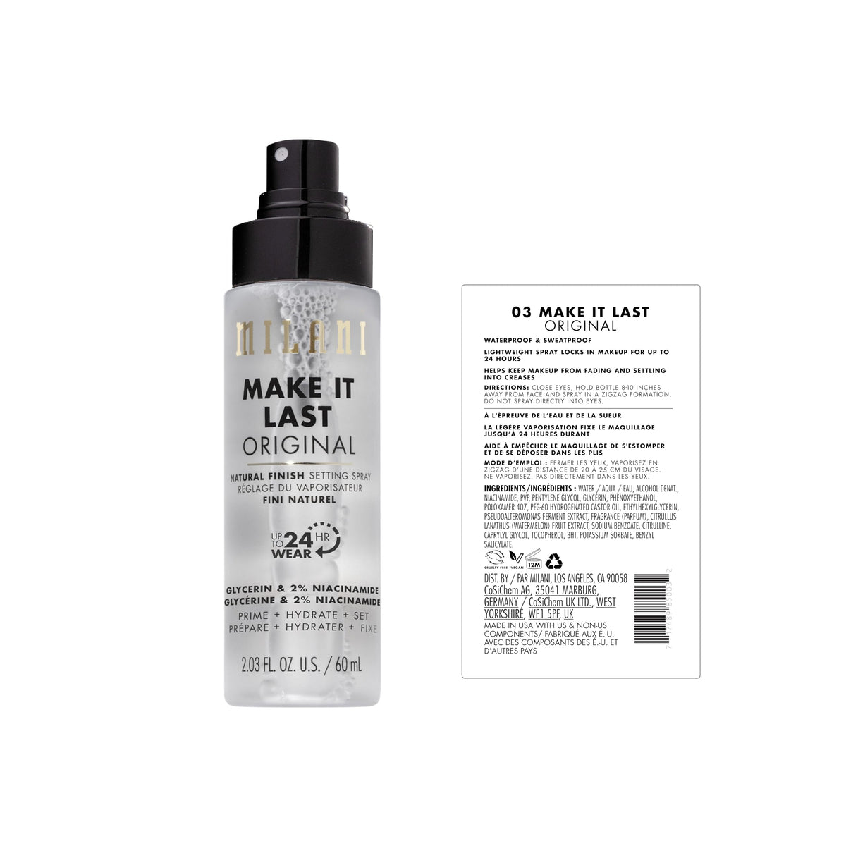 Milani setting spray mist spraying to show fine even coverage for longer makeup wear