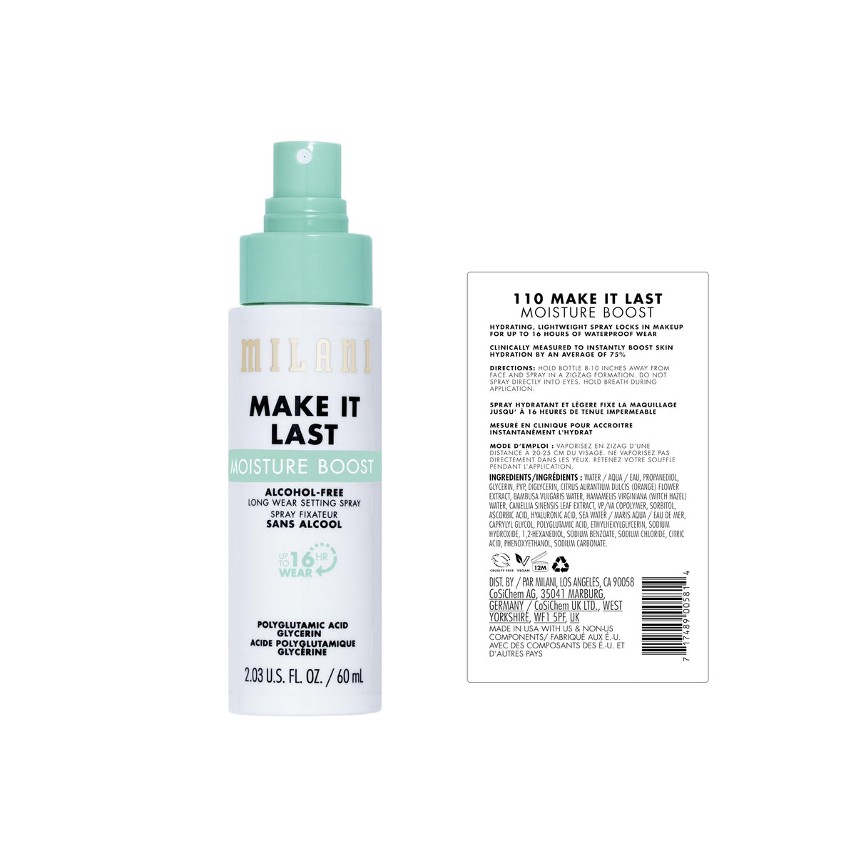 Milani mist spraying to demonstrate even coverage and longwear benefit