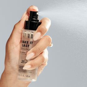 Milani spray being applied after makeup to lock look in place and reduce creasing
