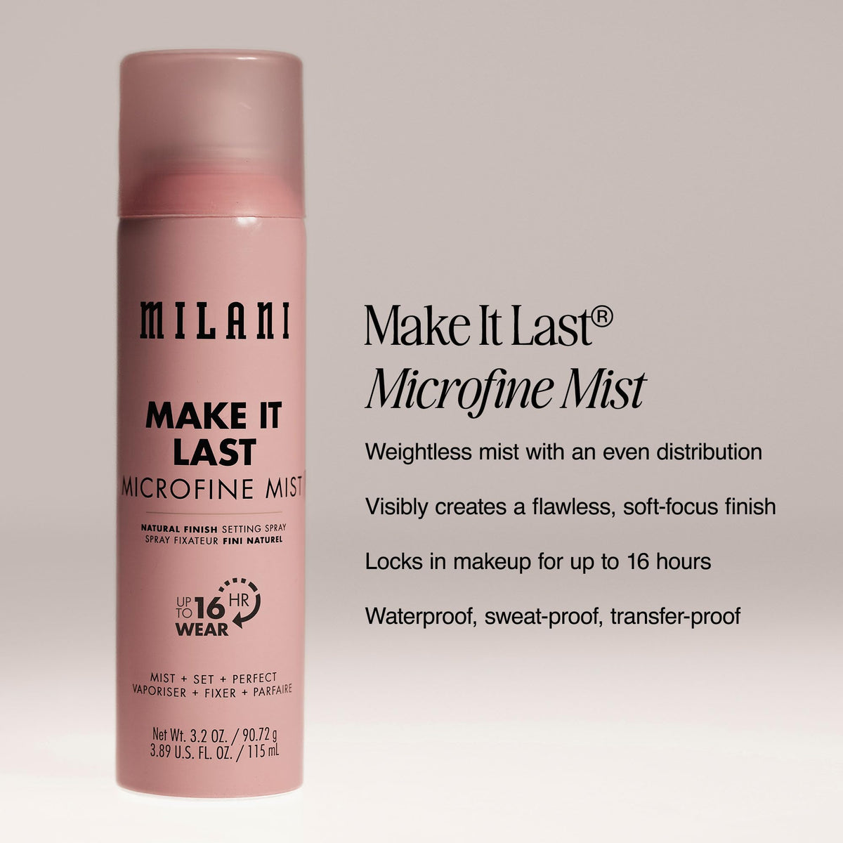 Milani spray texture close-up illustrating airy finish and blur benefit