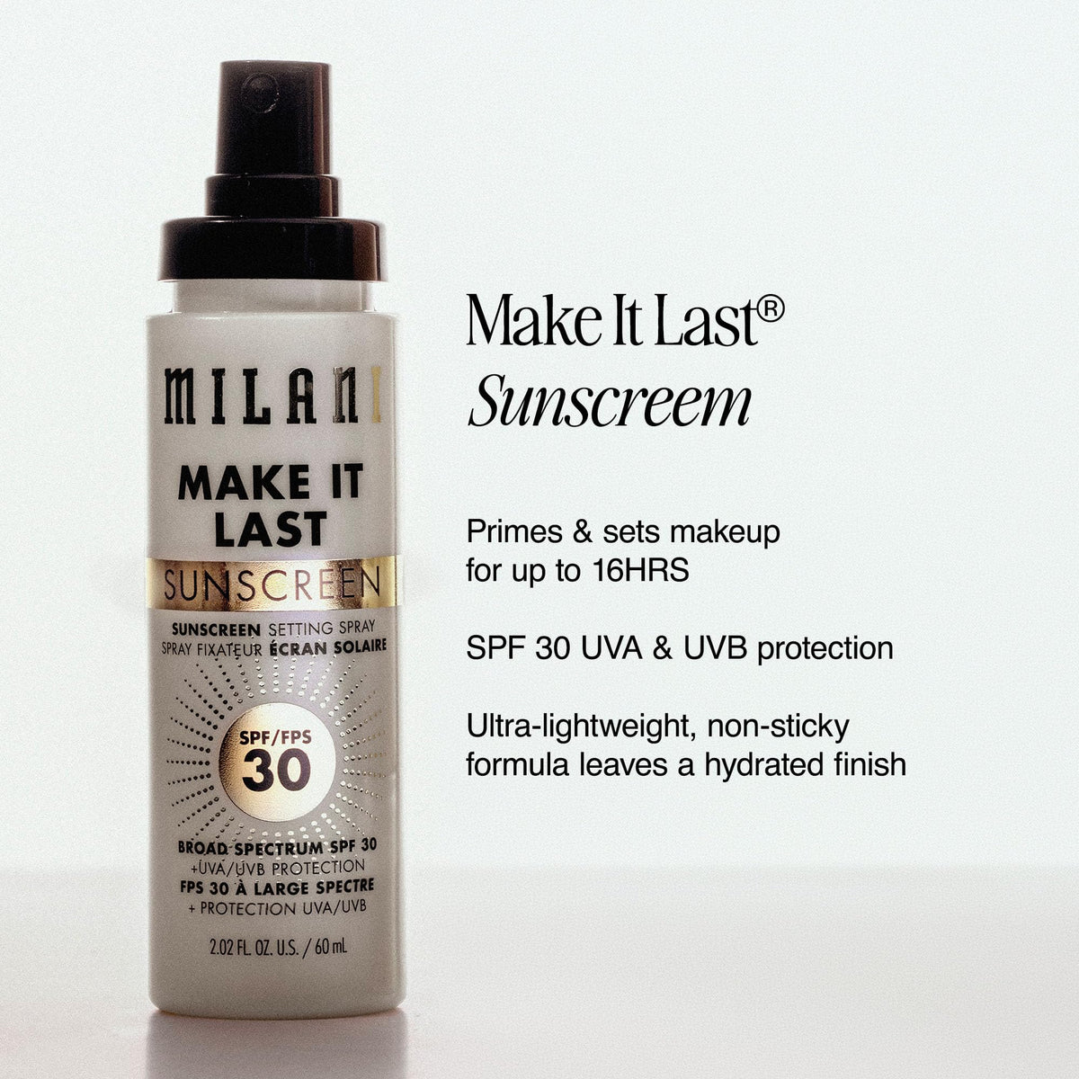 Model using Milani spray in makeup routine showing quick application benefit