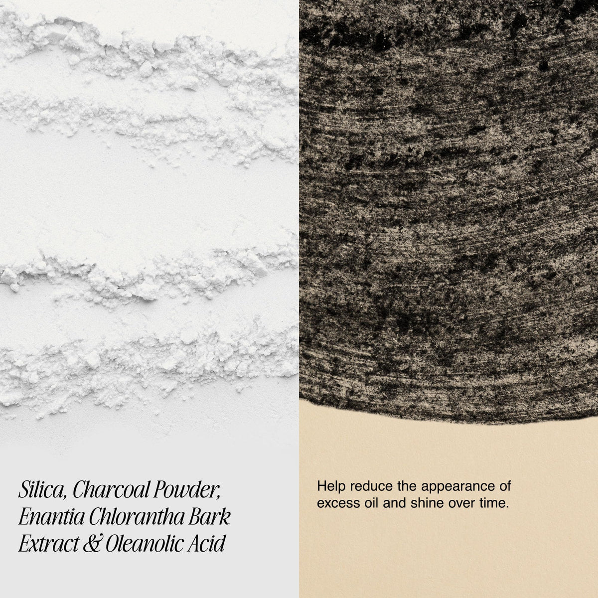 Milani texture close-up with charcoal powder showing mattifying effect