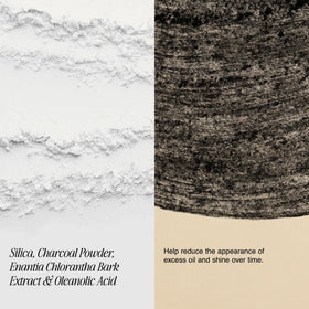 Milani texture close-up with charcoal powder showing mattifying effect