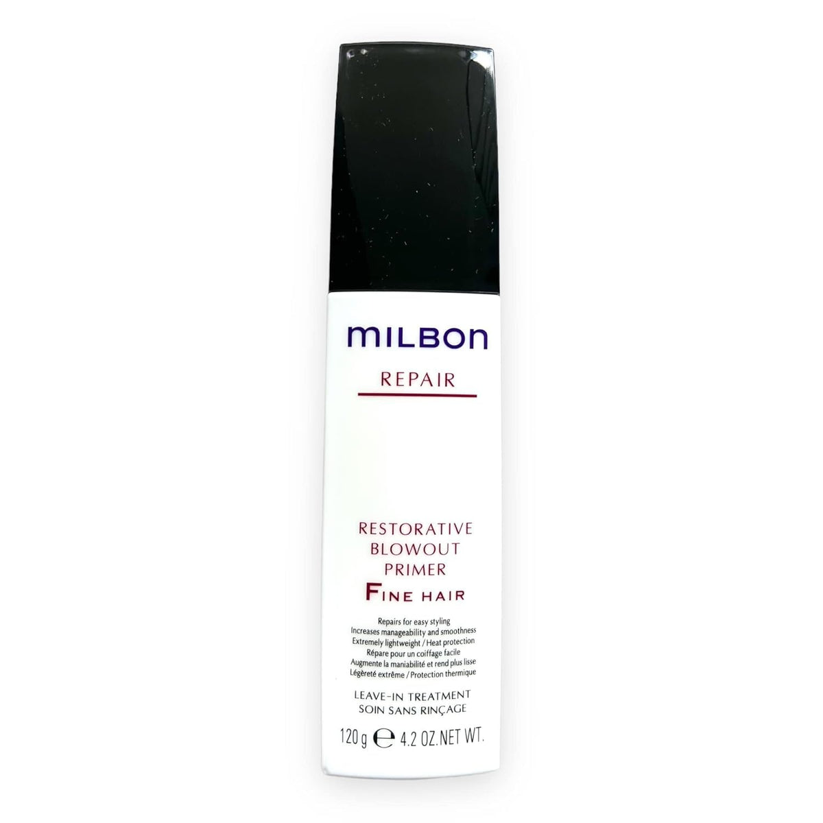 Milbon front packaging showing 4.2 oz primer, lightweight repair benefit