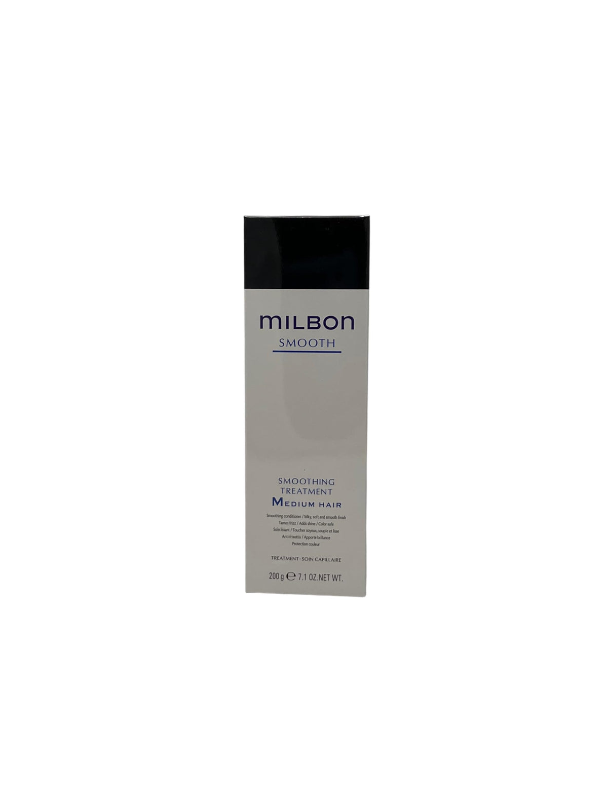Milbon front packaging of 7.1 oz smoothing treatment showing label and size, enhances shelf appeal