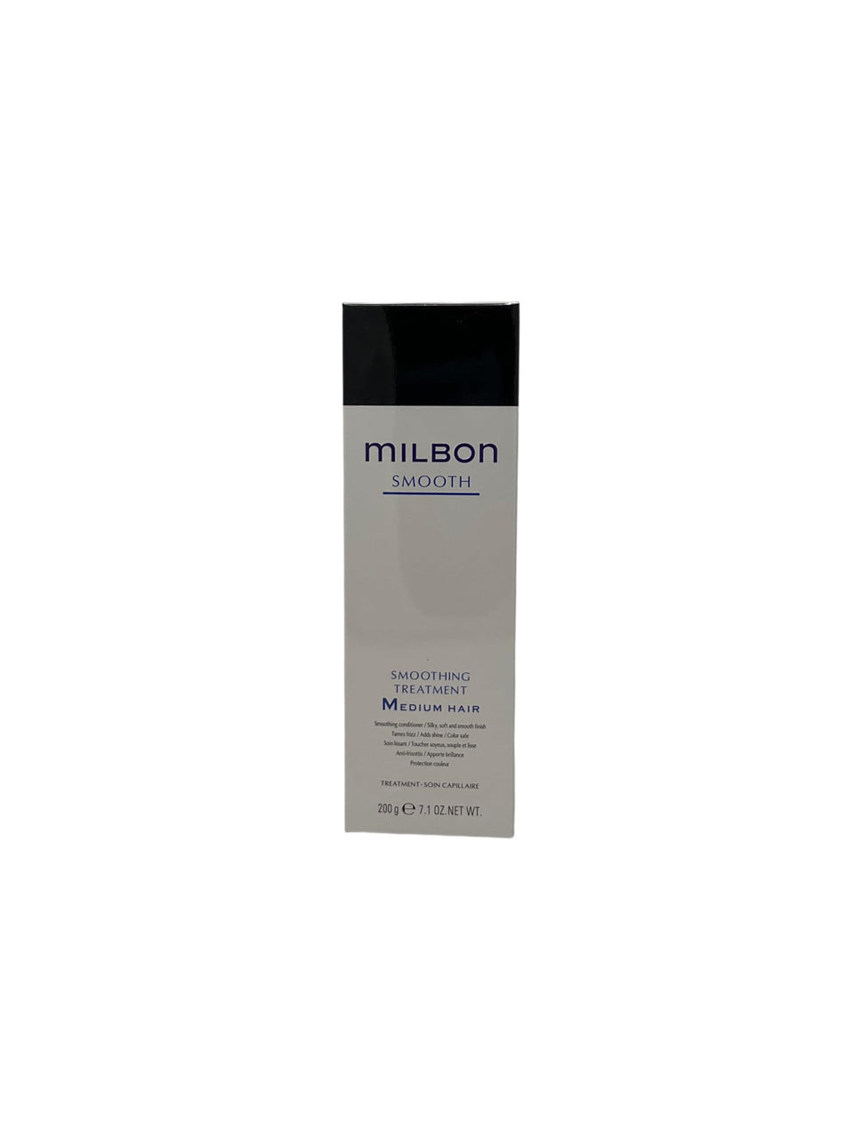 Milbon front packaging of 7.1 oz smoothing treatment showing label and size, enhances shelf appeal