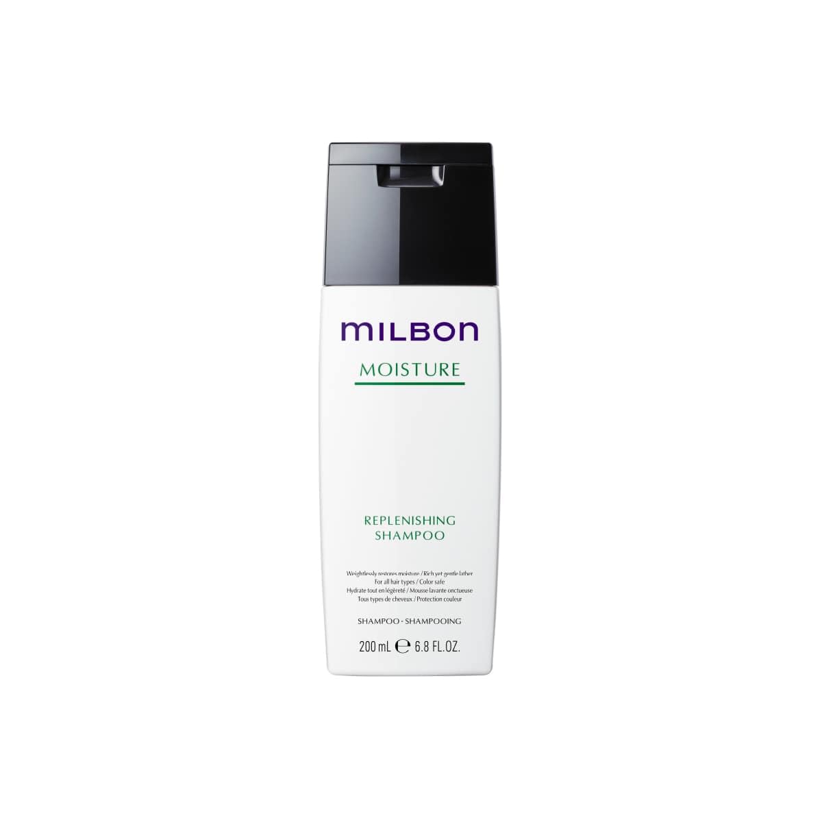 Milbon Moisture Replenishing Shampoo front bottle showing label and size, highlights hydration