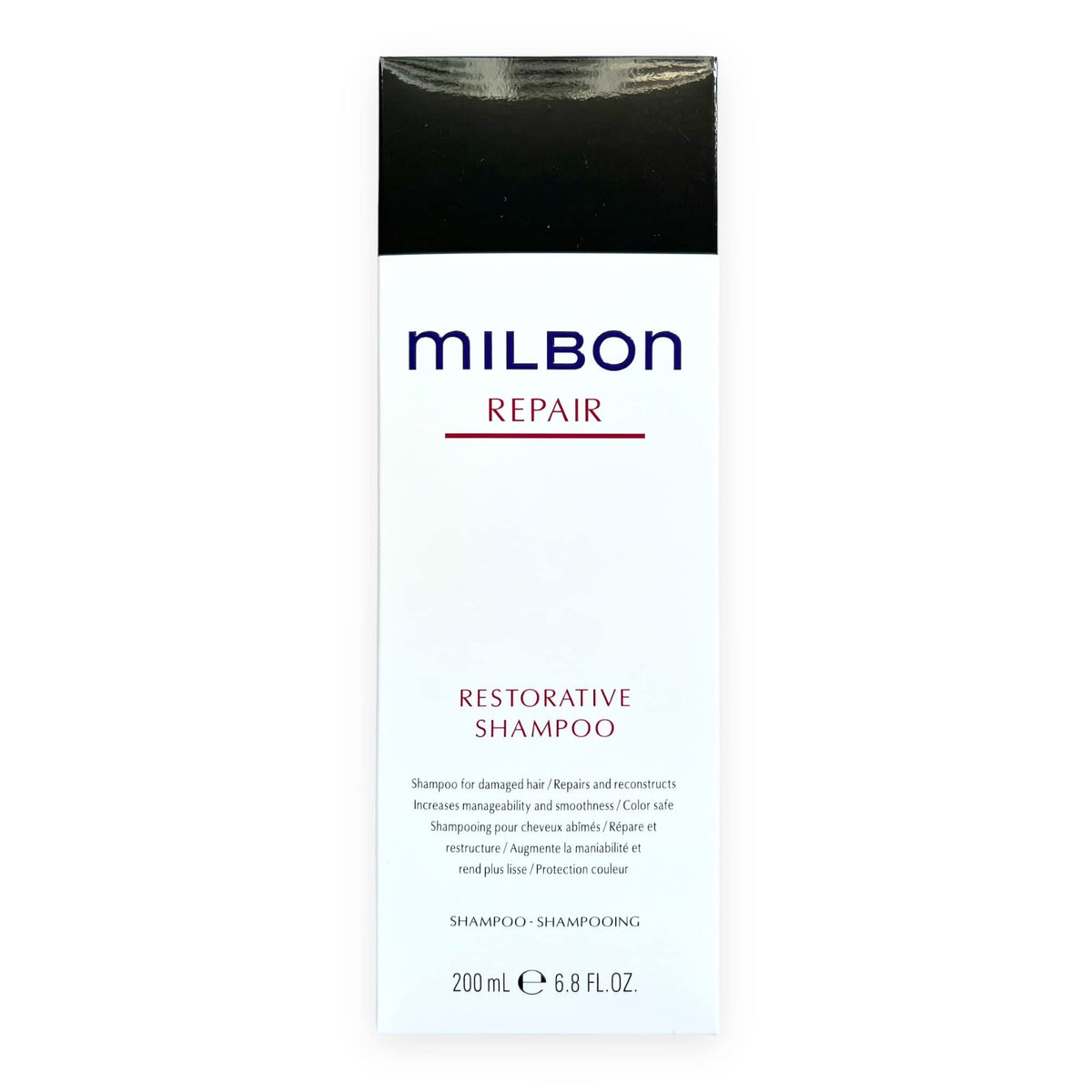 Milbon restorative shampoo front packaging showing product label and travel-friendly size benefits