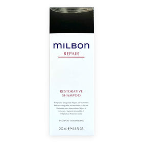 Milbon restorative shampoo front packaging showing product label and travel-friendly size benefits