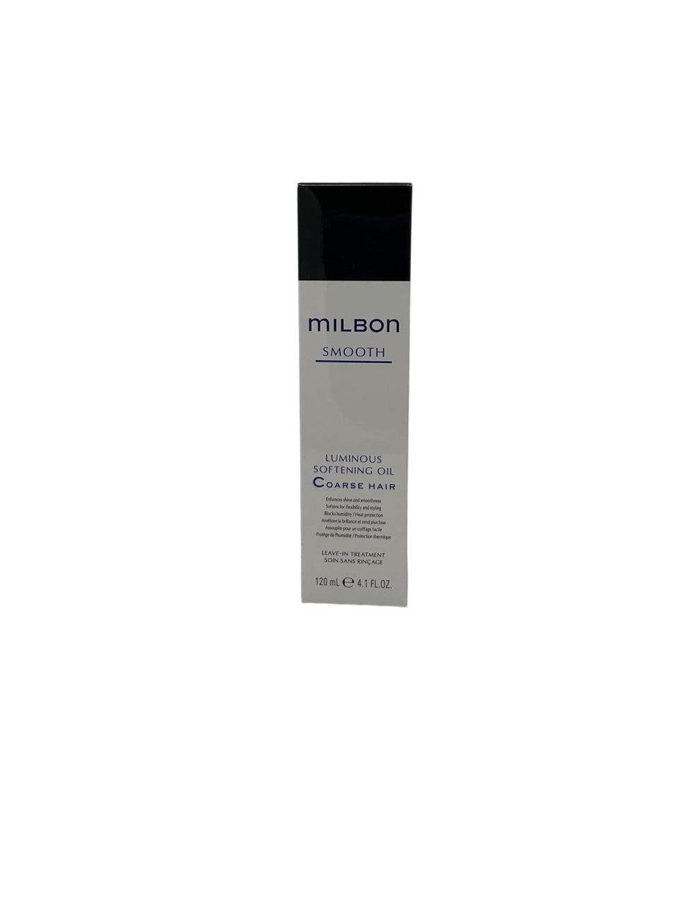 Milbon bottle front view showing packaging and 4.1 oz size, highlights product polish