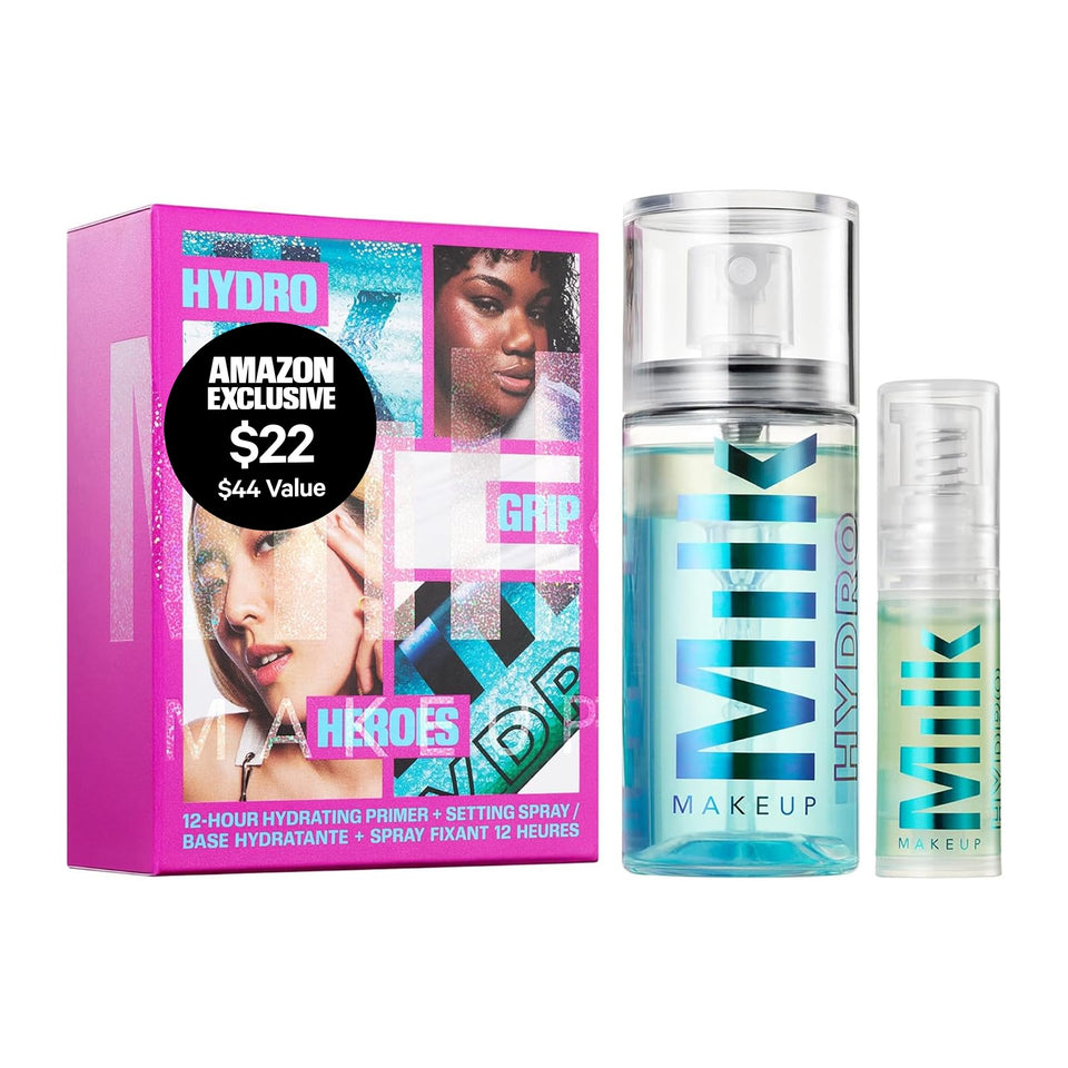 Milk Makeup front packaging of Hydro Grip Heroes set showing minis and benefit portability