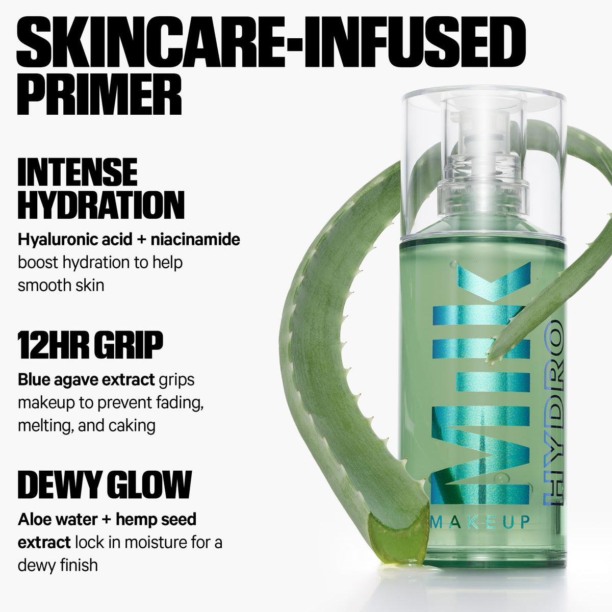 Milk Makeup ingredient display with hyaluronic acid and blue agave emphasizing hydration benefits