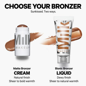 Milk Makeup bronzer held in hand for size comparison showing travel-friendly compactness benefit