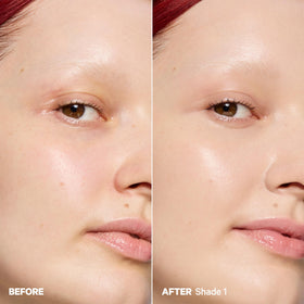 Milk Makeup before-and-after split face revealing natural dewy improvement