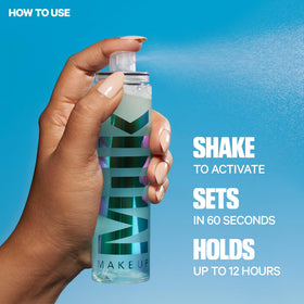 Milk Makeup bottle in hand for scale, displays travel-friendly 3.38 oz convenience benefit