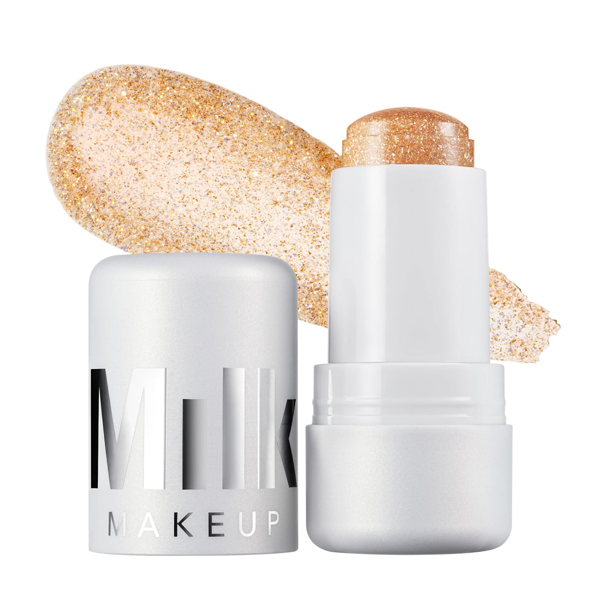 Milk Makeup front packaging of Cooling Water Jelly Shimmer showing compact travel stick benefit: portable glow
