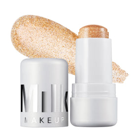 Milk Makeup front packaging of Cooling Water Jelly Shimmer showing compact travel stick benefit: portable glow
