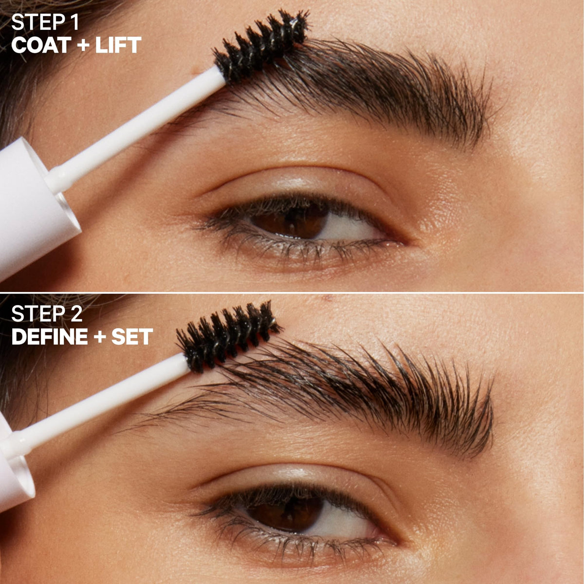 Milk Makeup brow gel in use on model showing lifted, feathered brows benefit