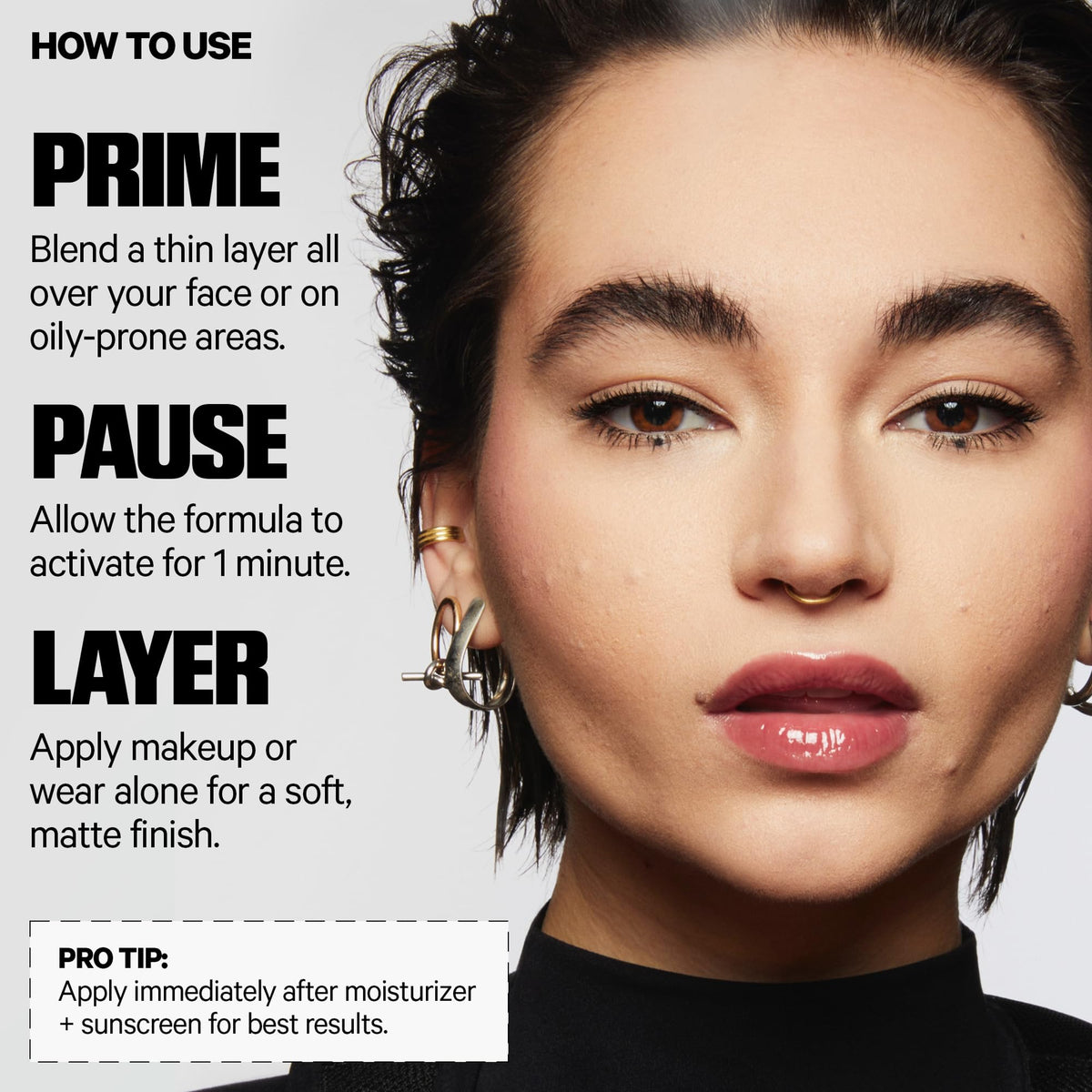 Milk Makeup primer layered under foundation showing extended wear and crease prevention