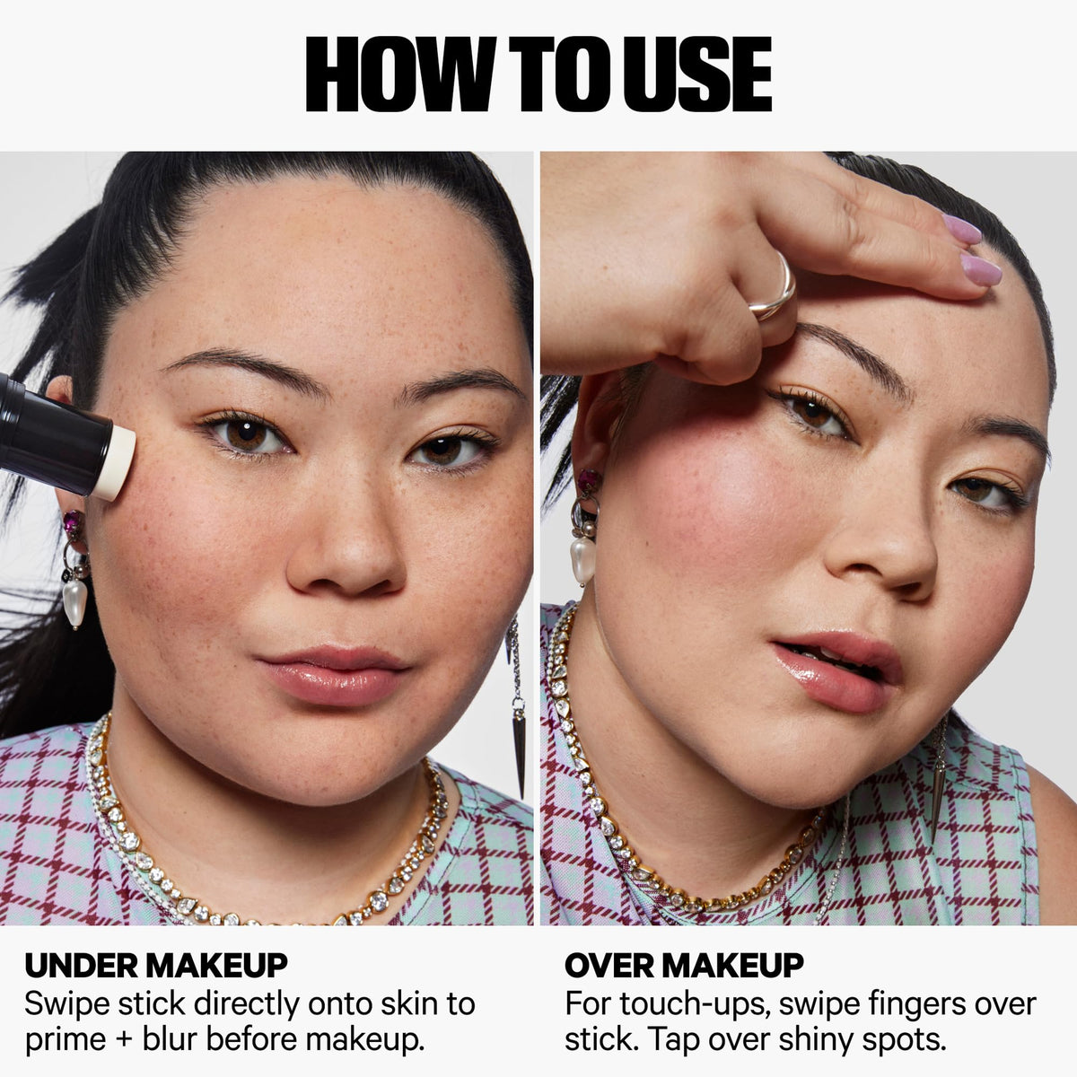 Milk Makeup stick beside makeup bag illustrating portable, on-the-go mattifying use