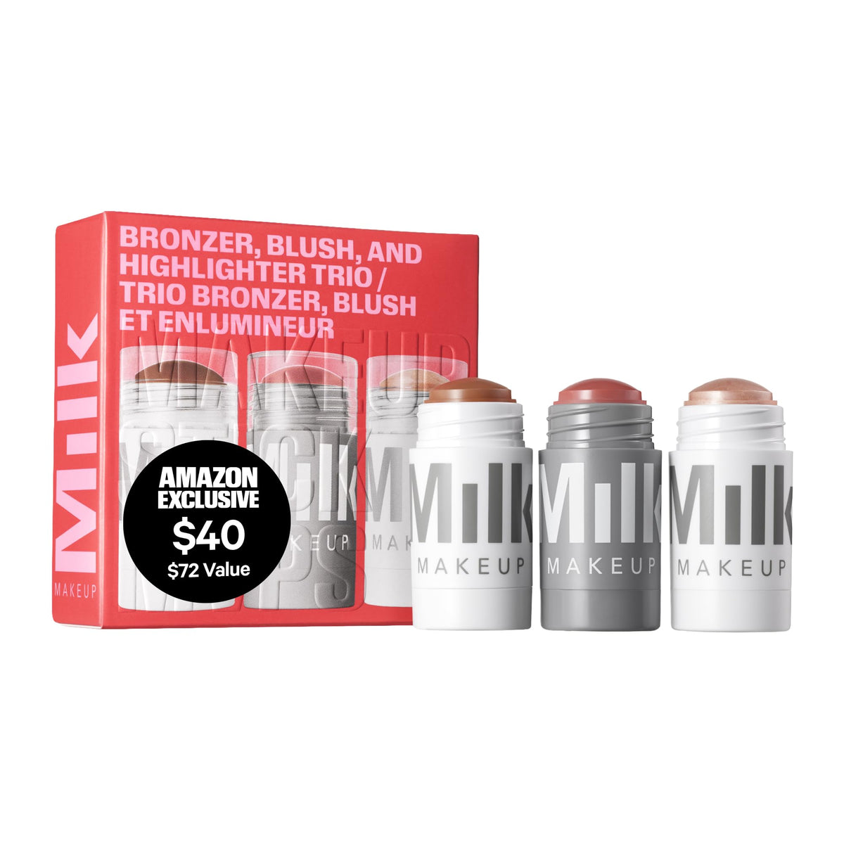 Milk Makeup trio front packaging showing bronzer blush highlighter — easy full face