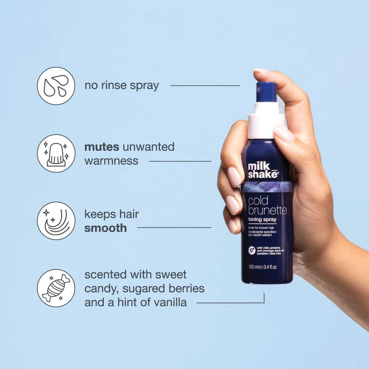 milk_shake spray mist close-up demonstrating even blue pigment dispersion benefit toning