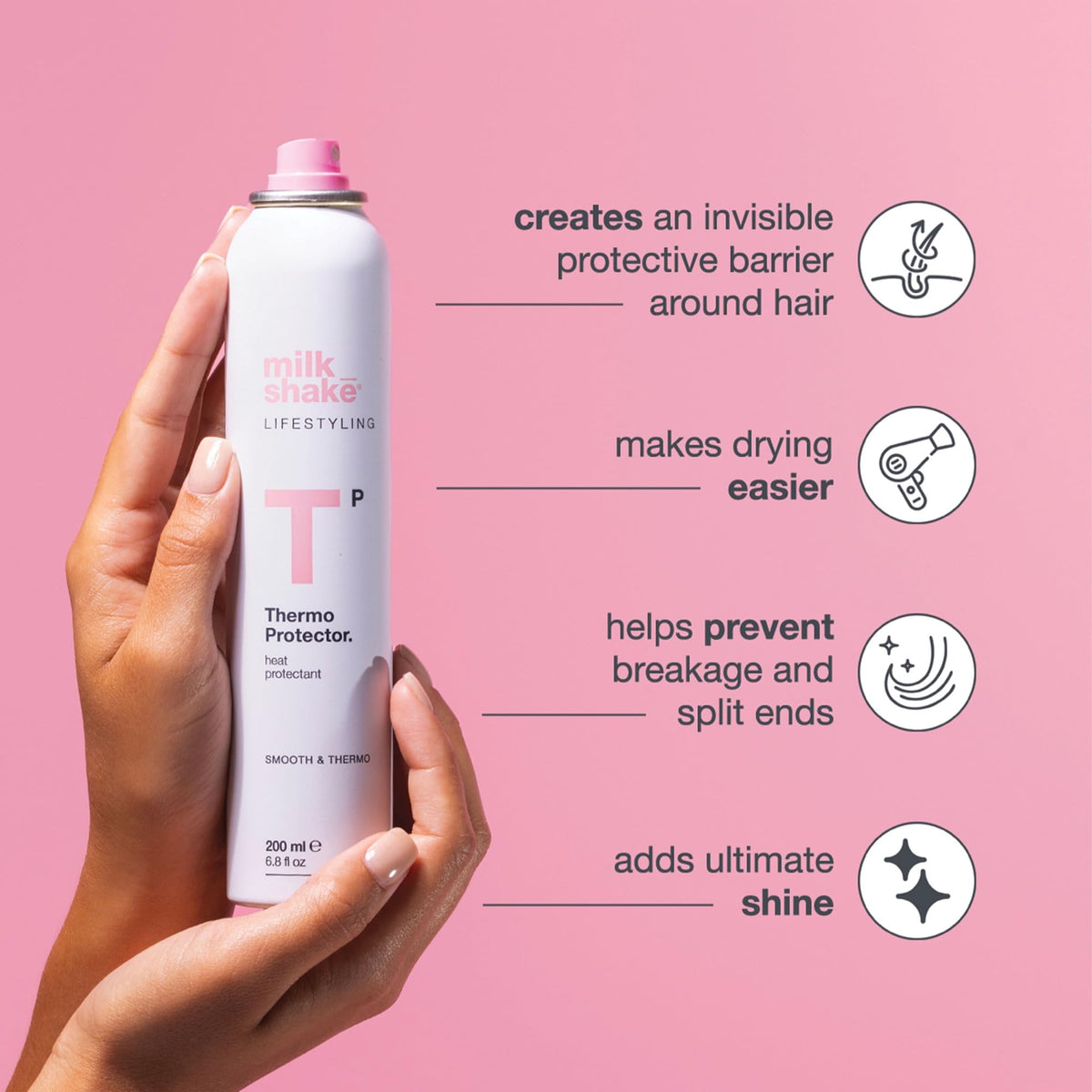 milk_shake fine mist settling on hair to show lightweight protection and shine