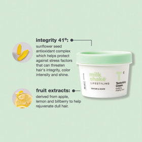 milk_shake styled tousled hair model, displays textured satin finish