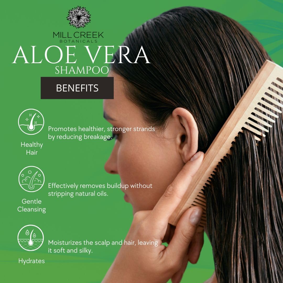 Mill Creek shampoo bottle beside fresh aloe leaf illustrating natural hydration boost