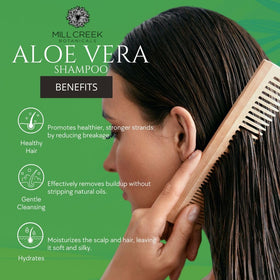 Mill Creek shampoo bottle beside fresh aloe leaf illustrating natural hydration boost